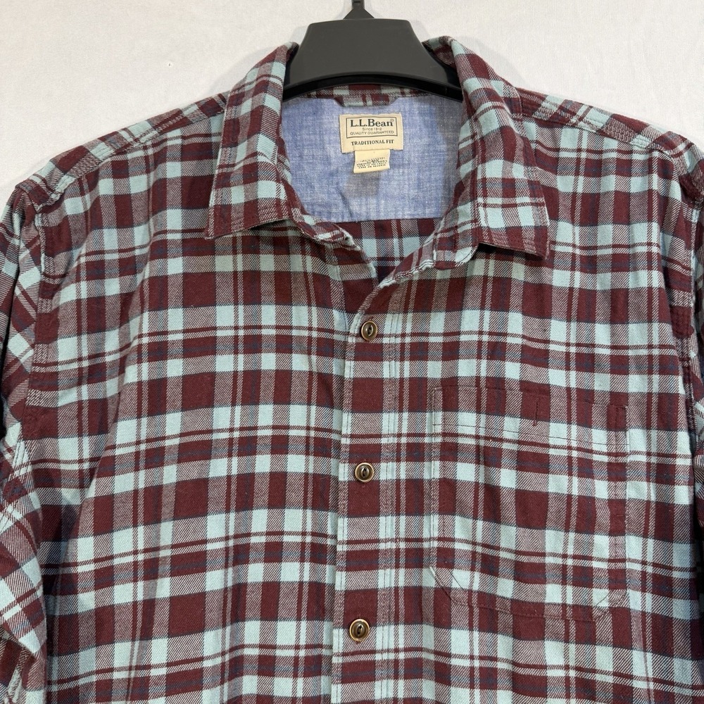 ll bean traditional fit flannel Long Sleeve Plaid Check Button Shirt Dark Red L